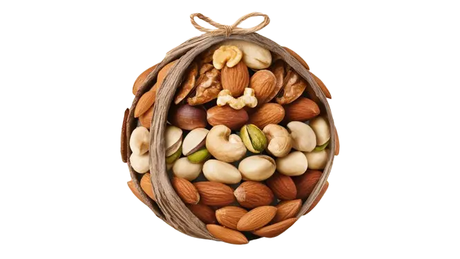 A basket filled with premium nuts, elegantly displayed against a sleek black background, showcasing their rich textures